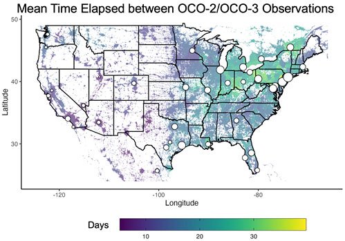 Mean Time Elapsed Between OCO-2/OCO-3 Observations